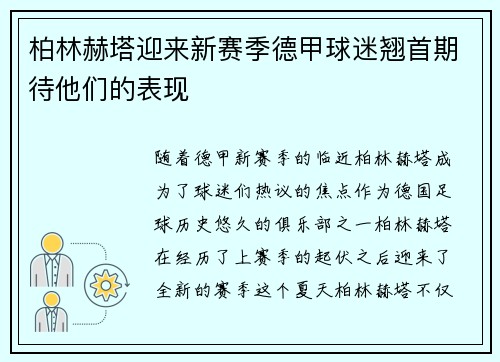 柏林赫塔迎来新赛季德甲球迷翘首期待他们的表现